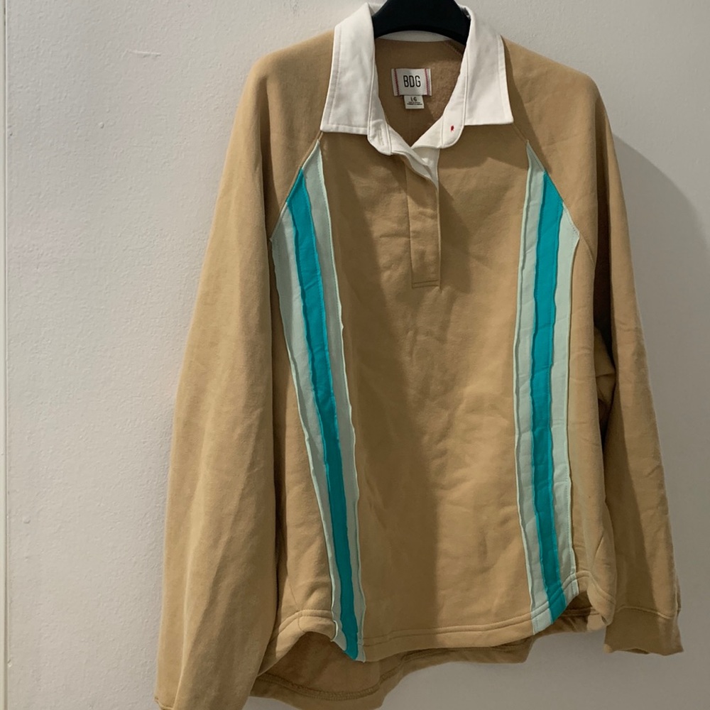 Urban Outfitters Tan V-Neck Sweatshirt with Turquoise Stripe Accents